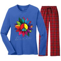 Sunflower Flower Rainbow Peace Sign World Retro Hippie 70s Gift Women's Long Sleeve Flannel Pajama Set 