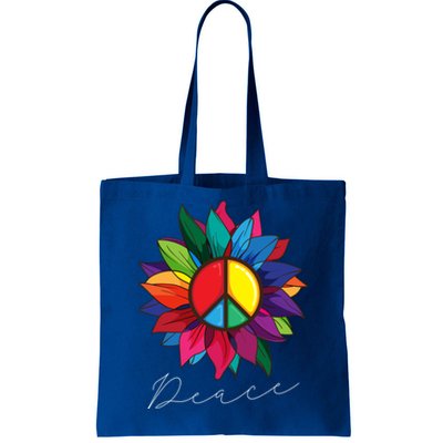 Sunflower Flower Rainbow Peace Sign World Retro Hippie 70s Gift Tote Bag