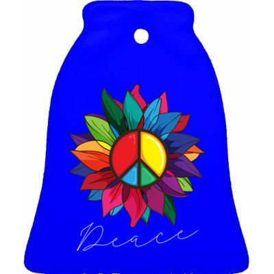 Sunflower Flower Rainbow Peace Sign World Retro Hippie 70s Gift Ceramic Bell Ornament