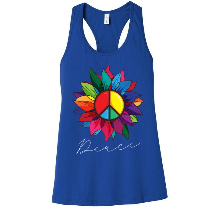 Sunflower Flower Rainbow Peace Sign World Retro Hippie 70s Gift Women's Racerback Tank