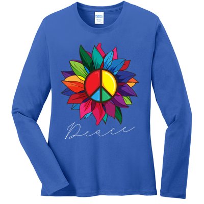 Sunflower Flower Rainbow Peace Sign World Retro Hippie 70s Gift Ladies Long Sleeve Shirt