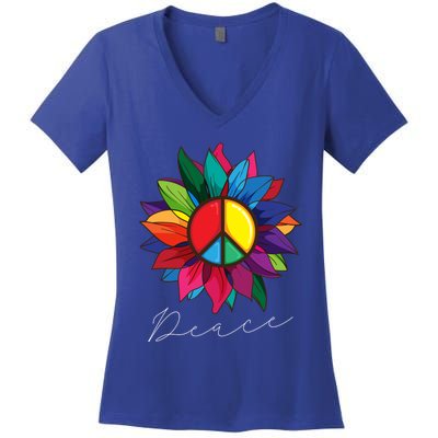 Sunflower Flower Rainbow Peace Sign World Retro Hippie 70s Gift Women's V-Neck T-Shirt