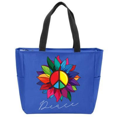 Sunflower Flower Rainbow Peace Sign World Retro Hippie 70s Gift Zip Tote Bag