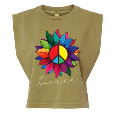 Sunflower Flower Rainbow Peace Sign World Retro Hippie 70s Gift Garment-Dyed Women's Muscle Tee