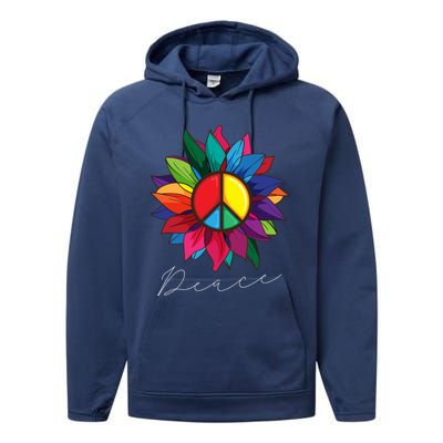 Sunflower Flower Rainbow Peace Sign World Retro Hippie 70s Gift Performance Fleece Hoodie