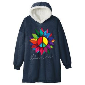 Sunflower Flower Rainbow Peace Sign World Retro Hippie 70s Gift Hooded Wearable Blanket