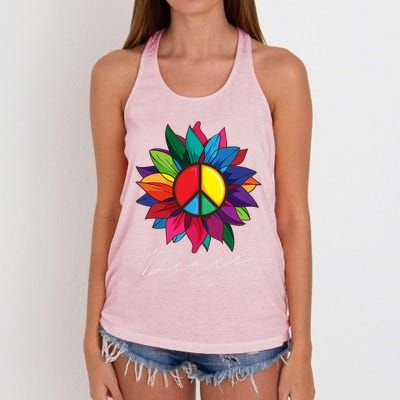 Sunflower Flower Rainbow Peace Sign World Retro Hippie 70s Gift Women's Knotted Racerback Tank