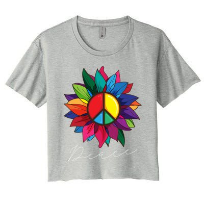 Sunflower Flower Rainbow Peace Sign World Retro Hippie 70s Gift Women's Crop Top Tee