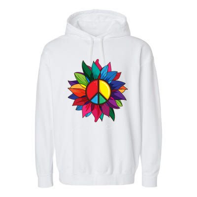 Sunflower Flower Rainbow Peace Sign World Retro Hippie 70s Gift Garment-Dyed Fleece Hoodie