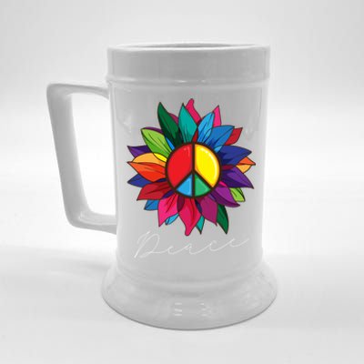 Sunflower Flower Rainbow Peace Sign World Retro Hippie 70s Gift Beer Stein