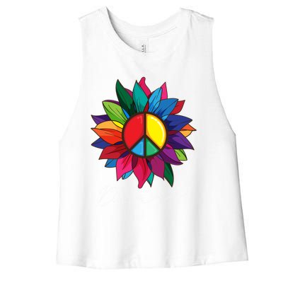 Sunflower Flower Rainbow Peace Sign World Retro Hippie 70s Gift Women's Racerback Cropped Tank