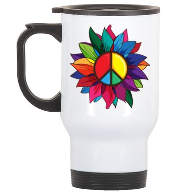 Sunflower Flower Rainbow Peace Sign World Retro Hippie 70s Gift Stainless Steel Travel Mug