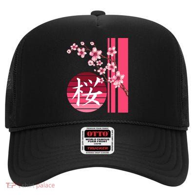 Sakura Flowers Spring Cherry Blossoms Japanese Kanji Print Gift High Crown Mesh Back Trucker Hat