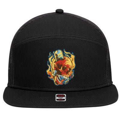 Skull Flame Skater 7 Panel Mesh Trucker Snapback Hat