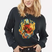 Skull Flame Skater Cropped Pullover Crew