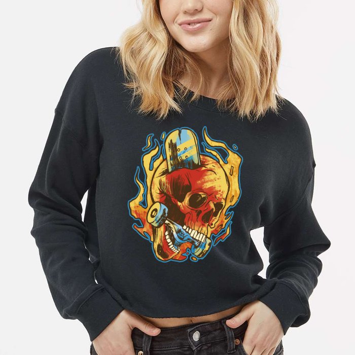 Skull Flame Skater Cropped Pullover Crew