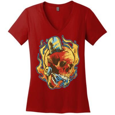 Skull Flame Skater Women's V-Neck T-Shirt