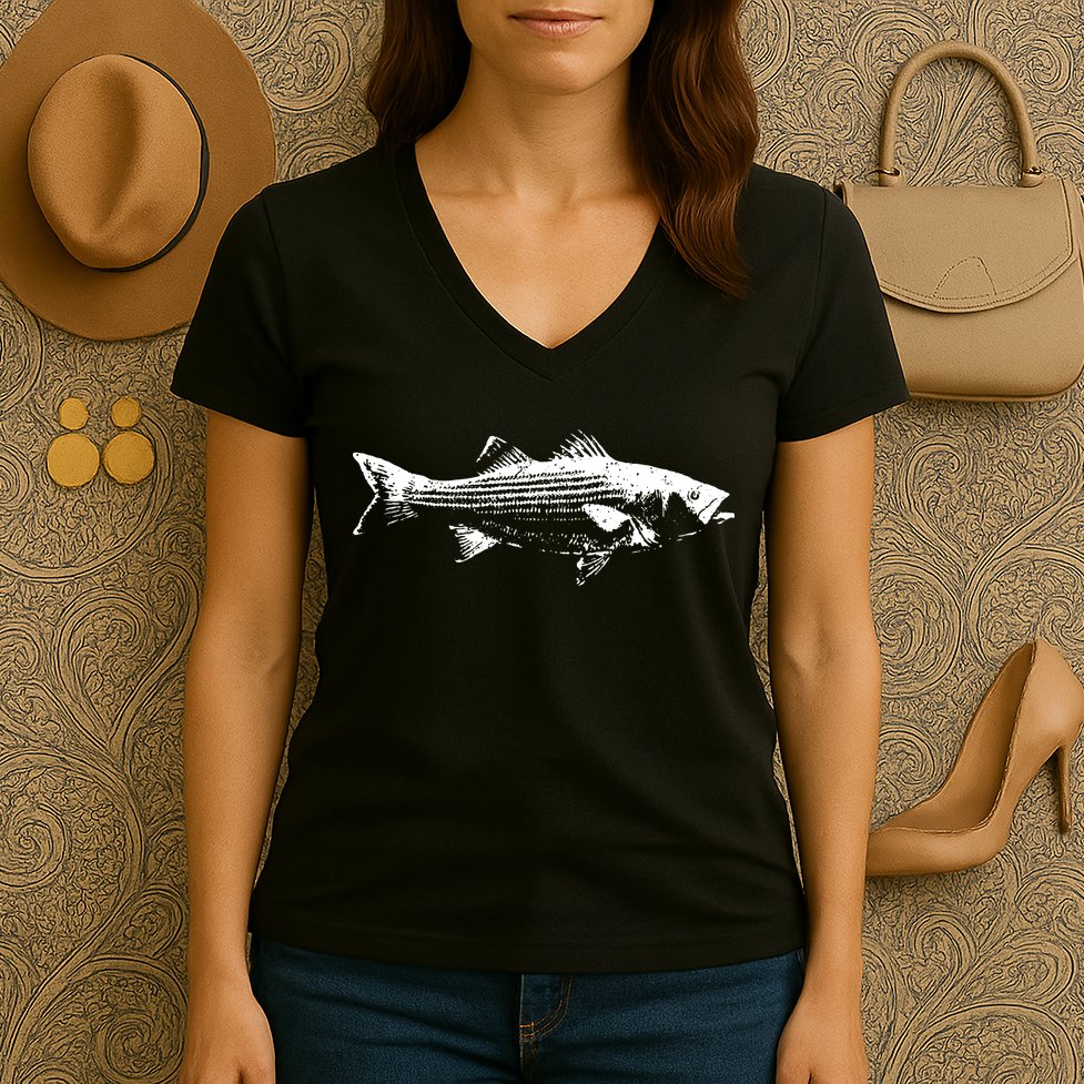 Striper Fishing Striped Bass Lucky Fishing Women's V-Neck T-Shirt