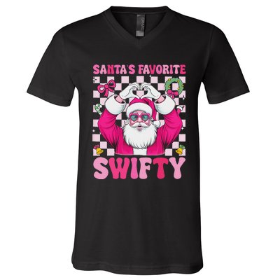 SantaS Favorite Swifty Merry Christmas Groovy Xmas Lights V-Neck T-Shirt