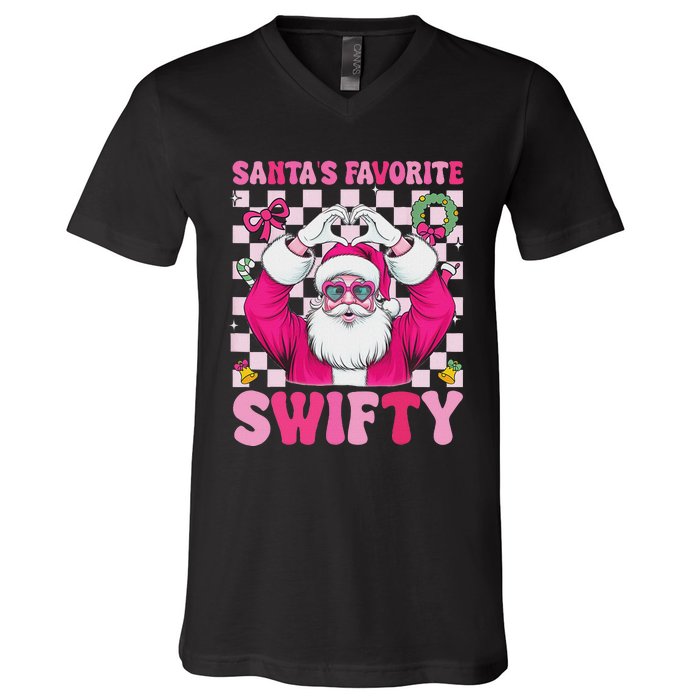 SantaS Favorite Swifty Merry Christmas Groovy Xmas Lights V-Neck T-Shirt