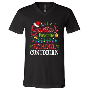 SantaS Favorite School Custodian Christmas Santa Hat Light V-Neck T-Shirt