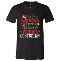 SantaS Favorite School Custodian Christmas Santa Hat Light V-Neck T-Shirt