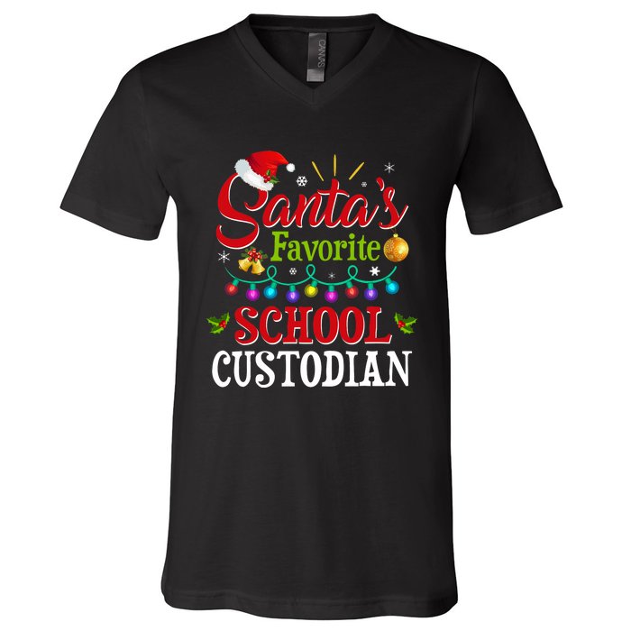 SantaS Favorite School Custodian Christmas Santa Hat Light V-Neck T-Shirt