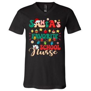 SantaS Favorite School Nurse Santa Hat Xmas Light Christmas V-Neck T-Shirt