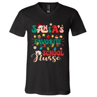 SantaS Favorite School Nurse Santa Hat Xmas Light Christmas V-Neck T-Shirt