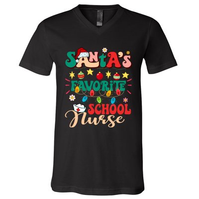 SantaS Favorite School Nurse Santa Hat Xmas Light Christmas V-Neck T-Shirt