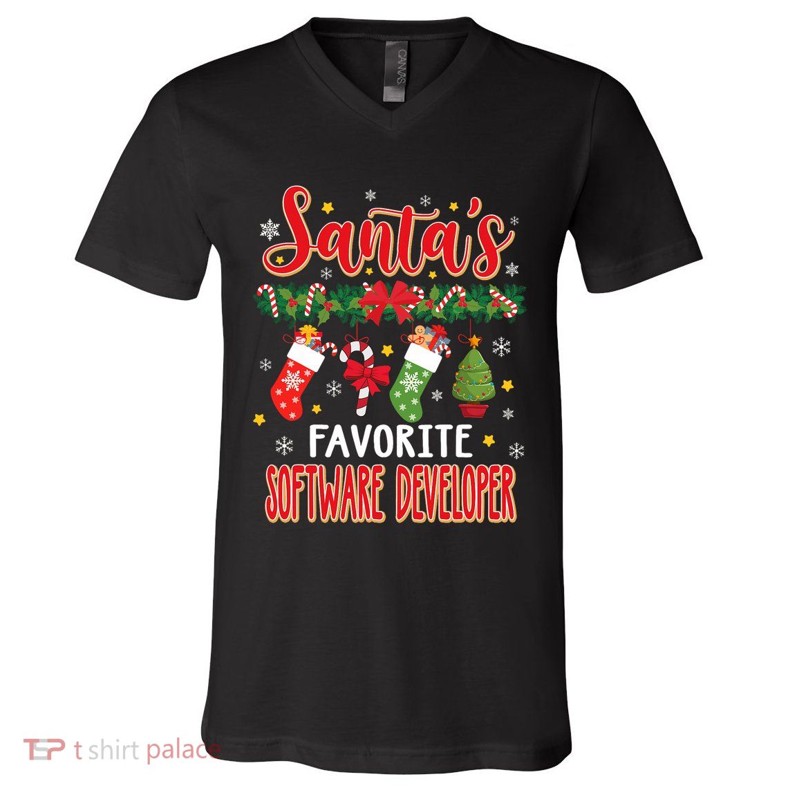 SantaS Favorite Software Developer Santa Hat Xmas V-Neck T-Shirt