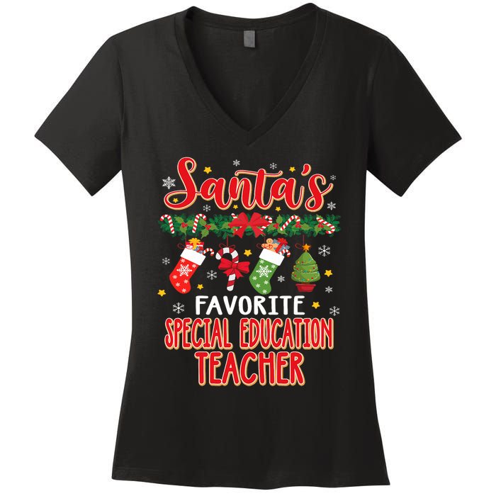 SantaS Favorite Special Education Teacher Santa Hat Xmas Women's V-Neck T-Shirt