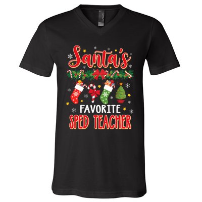 SantaS Favorite Sped Teacher Santa Hat Xmas V-Neck T-Shirt