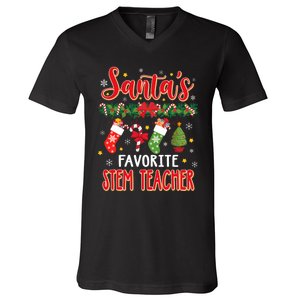 SantaS Favorite Stem Teacher Santa Hat Xmas V-Neck T-Shirt