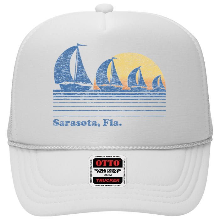 Sarasota Fl Sailboat Vintage 80s Sunset High Crown Mesh Back Trucker Hat