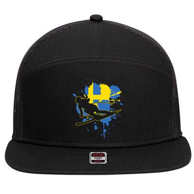 Sweden Flag Skier Swedish Alpine Skiing 7 Panel Mesh Trucker Snapback Hat