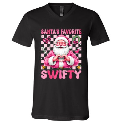 SantaS Favorite Swifty Merry Christmas Groovy Xmas Lights V-Neck T-Shirt