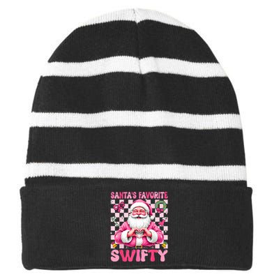 SantaS Favorite Swifty Merry Christmas Groovy Xmas Lights Striped Beanie with Solid Band