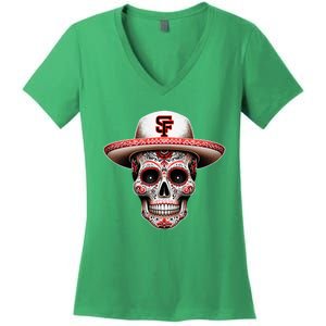 San Francisco Sugar Skull In The Style Mexican Day Women's V-Neck T-Shirt