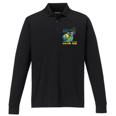 Summer Fun Slow Down Soak Up Sun Rays Cool Snail Blk Stroke Performance Long Sleeve Polo