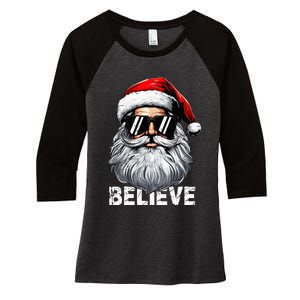 Santa Face Sunglasses Believe Christmas Women's Tri-Blend 3/4-Sleeve Raglan Shirt