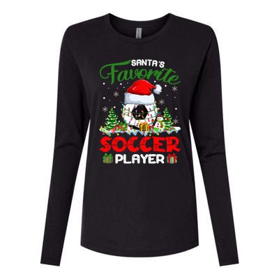 Santas Favorite Soccer Player Xmas Lights Christmas Pajama Cute Gift Womens Cotton Relaxed Long Sleeve T-Shirt