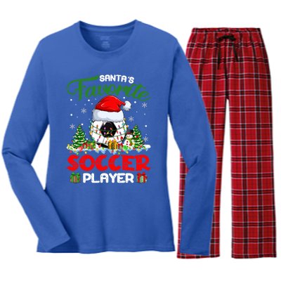 Santas Favorite Soccer Player Xmas Lights Christmas Pajama Cute Gift Women's Long Sleeve Flannel Pajama Set 