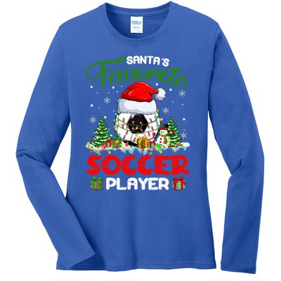 Santas Favorite Soccer Player Xmas Lights Christmas Pajama Cute Gift Ladies Long Sleeve Shirt