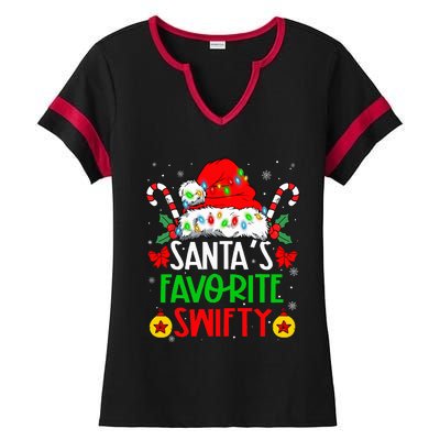 SantaS Favorite Swifty Merry Christmas Groovy Xmas Lights Ladies Halftime Notch Neck Tee