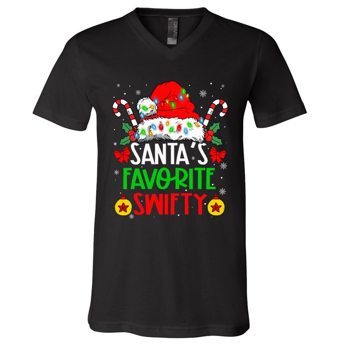 SantaS Favorite Swifty Merry Christmas Groovy Xmas Lights V-Neck T-Shirt