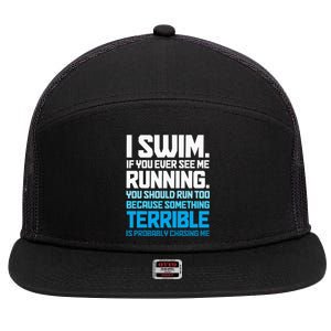 Swimming Funny Swimmer I Swim 7 Panel Mesh Trucker Snapback Hat