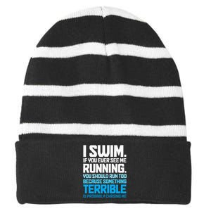 Swimming Funny Swimmer I Swim Striped Beanie with Solid Band