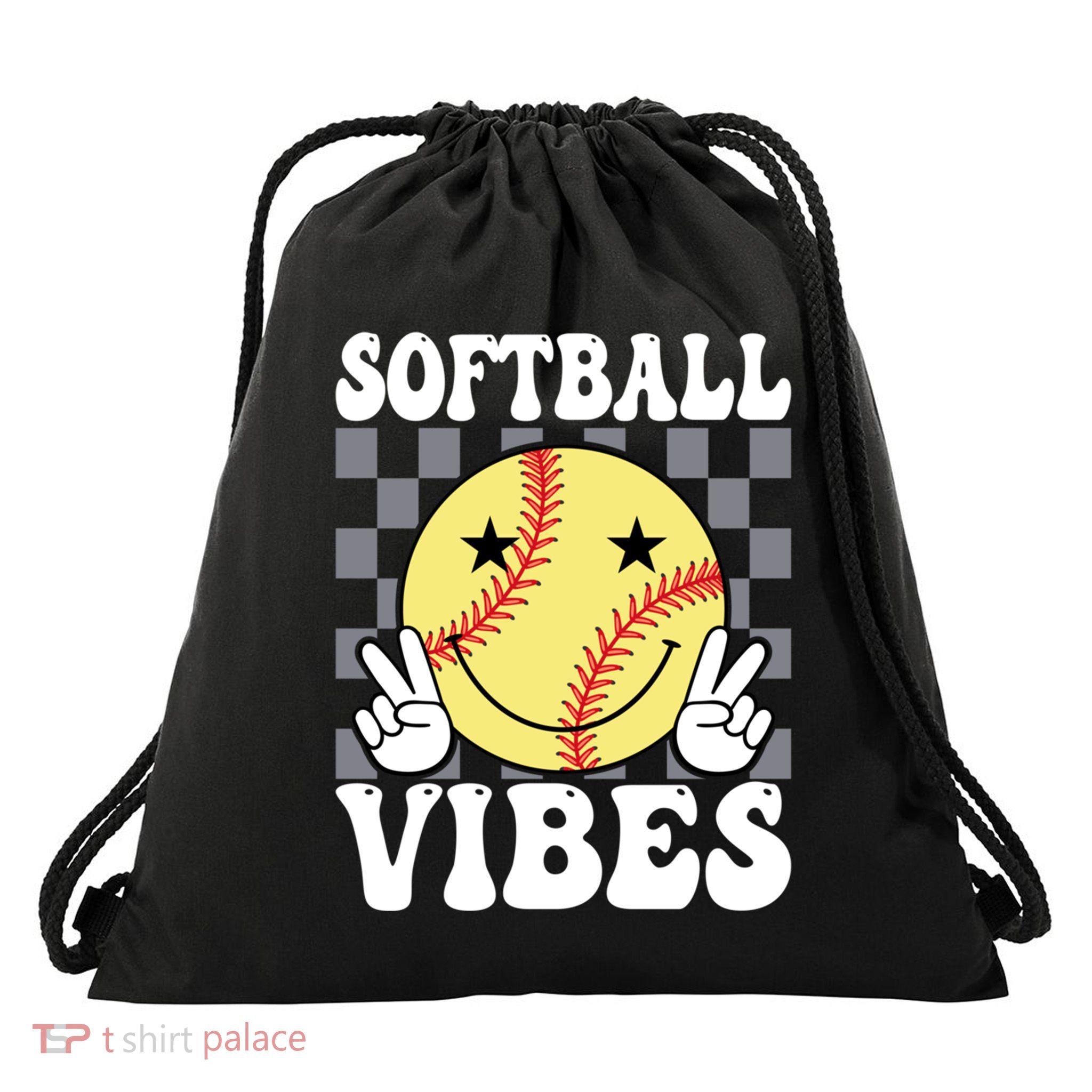 Smile Face Softball Vibes Game Day Softball Life Mom Retro Gift Drawstring Bag
