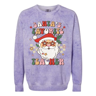 Santa Favorite Teacher Groovy Retro Christmas Colorblast Crewneck Sweatshirt